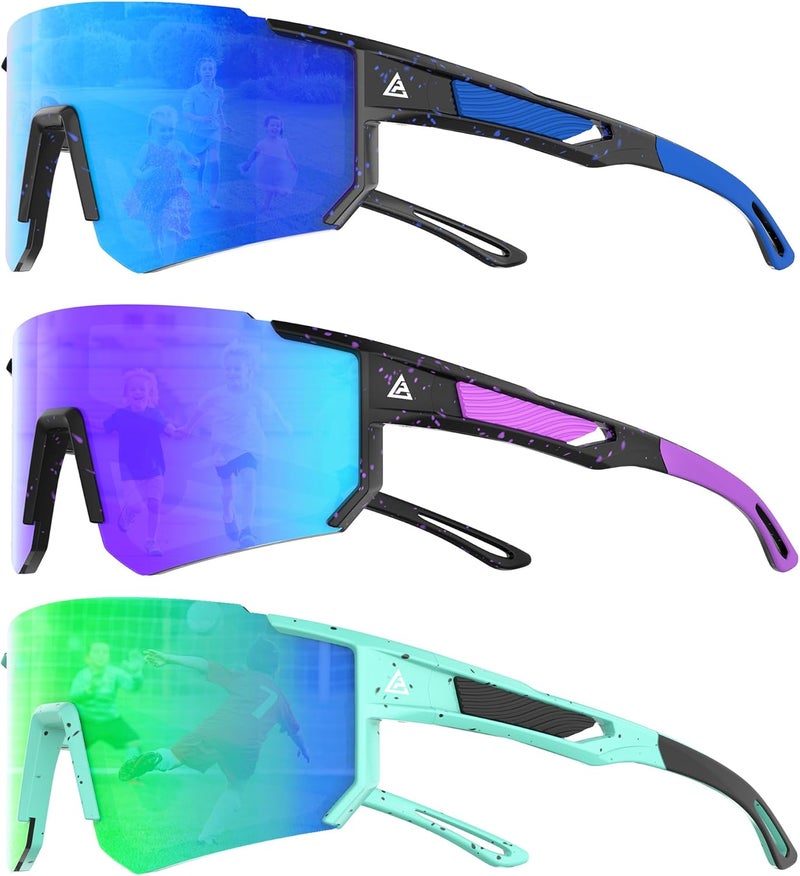 QALLY Store 3PACK Kids Sunglasses Youth Baseball Sunglasses for Boys Girls Age 4-14, Softball Cycling UV400 Protection Sports - Image 1